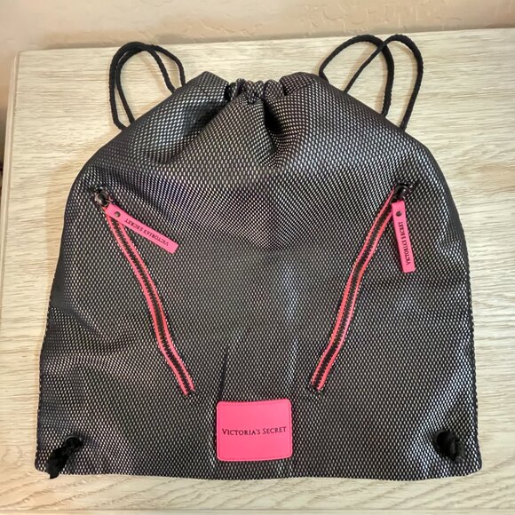 New Victoria's Secret Drawstring Backpack Bag Black Silver Mesh Pink Logo Lined - Picture 2 of 7